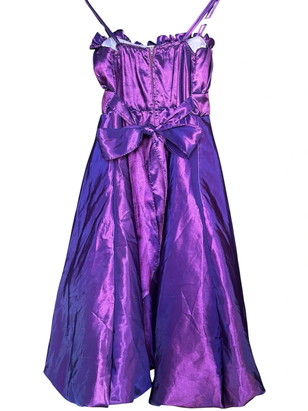 My Best Kids beautiful satin-look purple party dress with straps and full skirt.
